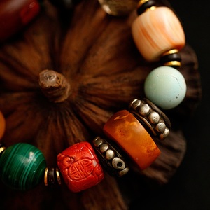 佛家大七宝手串天然24k黄金片佛珠松石南红玛瑙原矿老蜜蜡手链男