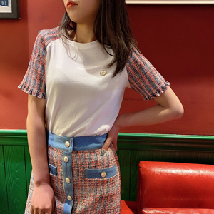 heidd 法单m家 21春夏小香风简约气质拼接短袖t恤