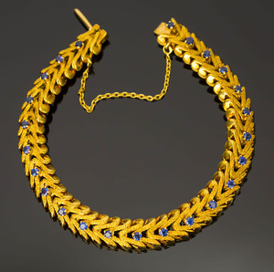 boucheron宝诗龙18k黄金镶嵌蓝宝石 鱼骨节 手链