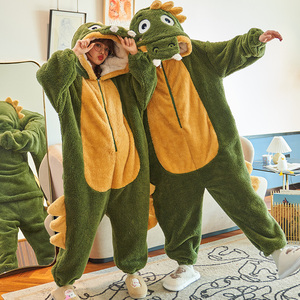恐龙连体情侣睡衣冬季加厚珊瑚绒卡通睡袋男女士加大码毛绒家居服