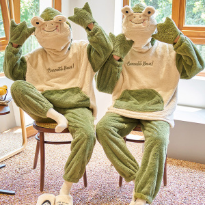 自闭青蛙沙雕情侣睡衣冬季加厚珊瑚绒男女士加大码睡袋搞怪家居服
