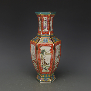 乾隆粉彩十二生肖六方瓶 古董古玩景德镇仿古做旧瓷器收藏品摆件