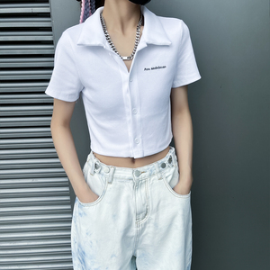 freemeige2021新款短袖衬衫女高腰漏脐t恤polo衫针织短款上衣女夏