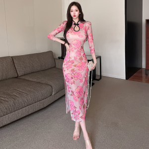 法式复古改良旗袍性感连衣裙设计感网纱透视印花修身侧开叉长裙潮