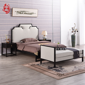 新中式酒店民宿家具定制实木布艺双人床现代简约带床尾凳中式床榻
