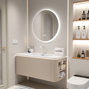 智能圆镜子可丽耐一体盆浴室柜北欧日式洗漱台卫生间洗脸盆柜组合