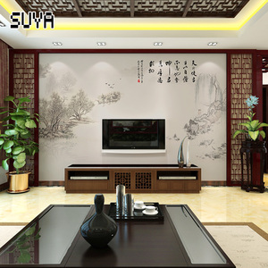 18d中式电视背景墙纸客厅沙发水墨山水无缝墙布书房字画壁纸壁画