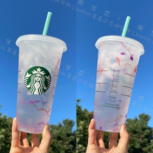 美国星巴克限量塑料环保简约大理石纹彩虹晕染冷变杯变色杯吸管杯