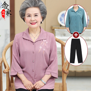 中老年人女夏装七分袖妈妈衬衫60-70岁奶奶短袖T恤雪纺衫老人衣服