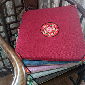 中式亚麻坐垫红木沙发圈椅官帽餐椅座垫四季刺绣中国风防滑可拆洗