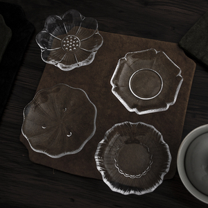 玻璃茶杯垫荷叶透明杯托花型日式耐热隔热杯垫茶具配件莲花杯碟