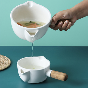 汤油分离器 陶瓷木柄汤碗过滤去油碗月子喝汤撇油碗厨房小工具