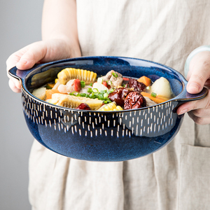 创意8英寸大号汤碗 家用防烫手柄陶瓷碗面碗北欧深碗双耳大碗餐具