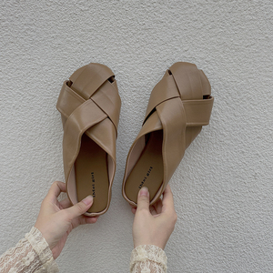 包头半拖鞋女夏2021新款百搭外穿懒人凉拖编织平底无后跟半托单鞋