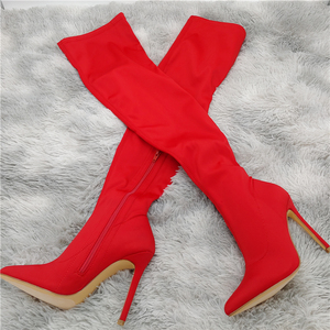 外贸欧美新款尖头细跟过膝长靴女侧拉链超高跟性感红色弹力瘦瘦靴