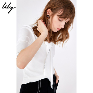 Lily2019春新款女装商务通勤修身系带领白色套头撞线针织