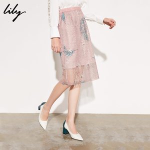 预售Lily2019春新款女装仙气OL粉红蕾丝印花松紧腰过膝