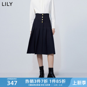 LILY2024春新款女装复古赫本风显瘦百褶气质高腰A字半身裙小个子