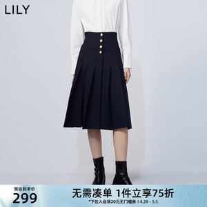 LILY2024春新款女装复古赫本风显瘦百褶气质高腰A字半身裙小个子