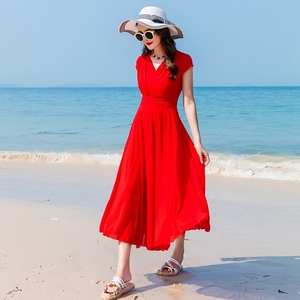 2023新款三亚旅游长裙夏季红色雪纺连衣裙巴厘岛海边度假沙滩裙女