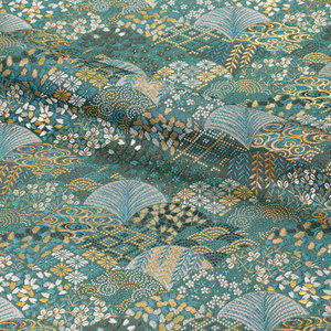 金襕坊 日本进口和风布料 西阵织 金襕织锦缎 青碧色扇子碎花纹