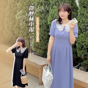 大码女装法式复古荷叶领连衣裙2022夏季150斤胖mm中长款高腰裙子