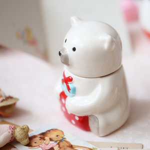 外单 小熊 白熊 礼物 罐子 摆件 装饰 可爱蝴蝶结礼包熊 陶瓷收纳