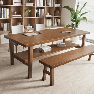 客厅大长书桌美式全实木工作台家用阅读桌白蜡木学习桌原木书法桌