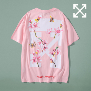 欧美off ow white短袖男女纯棉樱花学生粉色潮牌t恤情侣休闲潮流