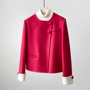 新中式双面羊绒大衣女短款红色2023秋新款今年流行设计感毛呢外套