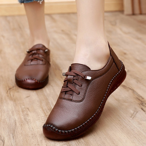 真皮舒适牛筋底女鞋春秋复古深口牛皮单鞋平底休闲软底时尚妈妈鞋