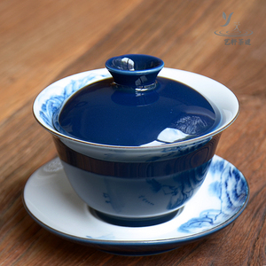 景德镇手绘茶碗盖碗茶杯大号霁蓝三才盖碗功夫茶具陶瓷泡茶碗盖碗