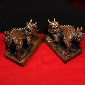 台湾祥狮 纯铜鎏真金白银八宝麒麟一对 仿古铜器家居办公装饰摆件
