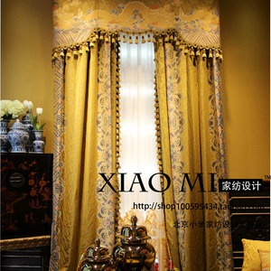 高端大气皇家贵族金色海水云纹奢华龙纹古典新中式别墅帝王黄窗帘