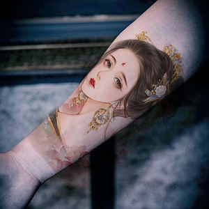 原创花臂纹身贴纸 防水纹身贴 男女古典美女 持久大图 艺妓半臂贴