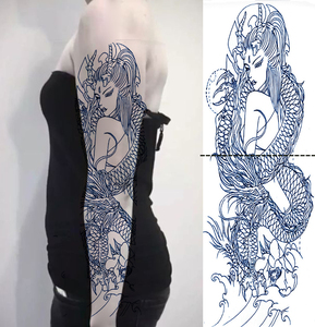 割线全臂刺青色艺妓青龙猴子满臂防水纹身贴持久仿真龙姬线条纹身