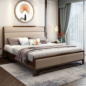 新中式实木床现代中式真皮床主卧轻奢风格乌金木1.8米双人床简约