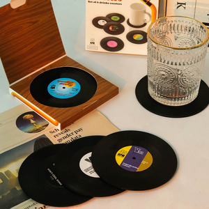 创意复古黑胶唱片杯垫美式经典摇滚怀旧CD隔热防滑餐垫 6片一套装