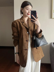 韩国代购西装外套女2024新款麂皮绒设计感小众春秋棕色休闲小个子