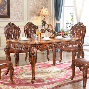 欧式餐桌 天然大理石面长方桌实木雕花描金仿古做旧餐椅组合6-8人
