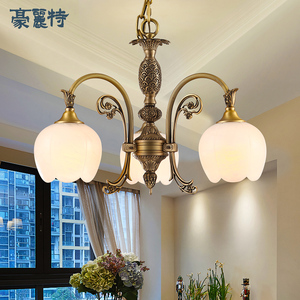 餐厅吊灯高端欧式卧室书房2024年新款三头圆形纯全铜美式云石灯具