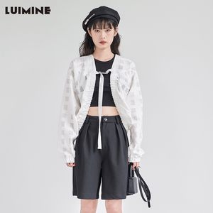 LUIMINE2022夏季新款防晒衫薄款设计感小众飘带不规则格纹开衫