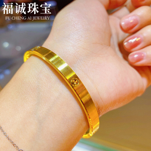 999足金时尚简约螺纹手镯黄金光面素圈拉丝3d硬纯金镯子女款结婚