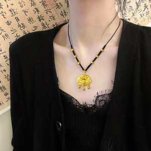 黄金平安锁项链女锁包999足金长命锁编织绳锁骨链圣诞礼物送女友