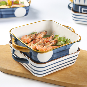 日式长方形烤盘家用烤箱碗沙拉双耳盘子菜盘手绘焗饭碗深盘烘焙盘