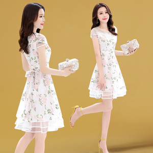 欧根纱连衣裙2024年新款女装短袖夏季高端气质白色小个子裙子夏天