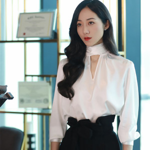 韩雪明星同款白色缎面蝴蝶结飘带甜美百搭显瘦ol工装显瘦时尚衬衫