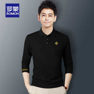 秋冬季罗蒙旗舰店男士翻领长袖t恤衣服加绒polo衫小蜜蜂高端潮牌