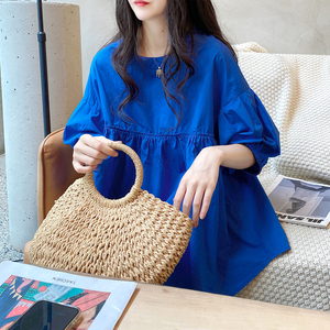 娃娃衫上衣女2024年夏季韩版圆领套头灯笼袖蓬蓬高端纯色棉衬衫
