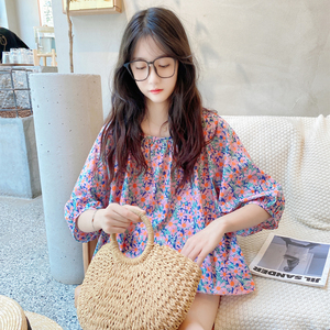 娃娃衫上衣2022年夏季通勤韩版圆领套头一字领灯笼袖碎花衬衫女棉